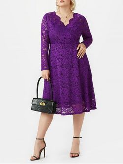 Plus Size Scalloped Midi Lace 1950s Dress - PURPLE - 1X