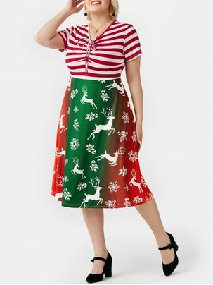 Plus Size Christmas Printed Striped Pin Up Dress