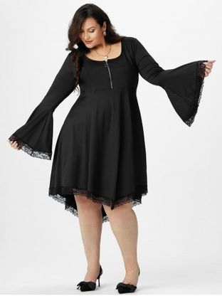 Plus Size Half Zipper Lace Egde Irregular Bell Sleeve Gothic Dress