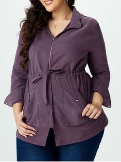 Plus Size Drawstring Hooded Pocket Tunic Trench Coat - CONCORD - 2X