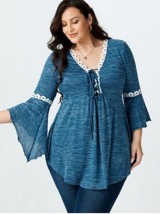 Plus Size Lace Up Bell Sleeve Tee