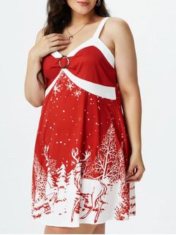 Plus Size Christmas Bicolor Elk Snowflake Print Dress - RED - 1X