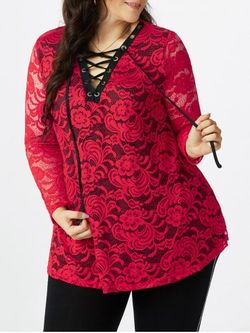 Plus Size Lace Sheer Lace-up Long Sleeve Tee - DEEP RED - 5X