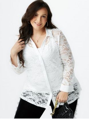 Plus Size Lace Flower Sheer Blouse with Cami Top Set