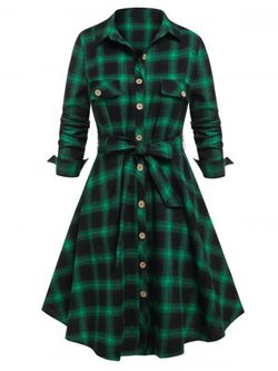 Plus Size Plaid Belted Shirt Dress - DEEP GREEN - 4X