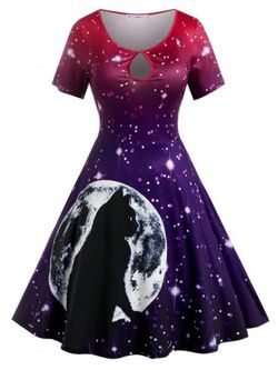 Plus Size Keyhole Starry Cat Print Flare 50s Dress - MULTI - 2X
