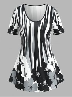 Plus Size & Curve Flower Striped T Shirt - BLACK - 1X