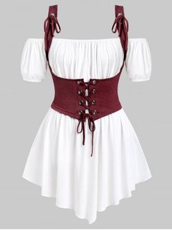 Plus Size & Curve Off The Shoulder Tee With Lace Up Waistcoat - WHITE - L