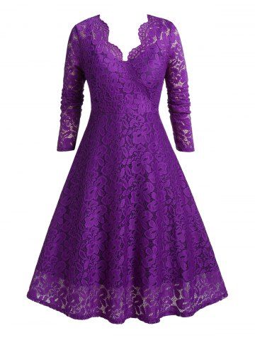 Plus Size Scalloped Midi Lace 1950s Dress - PURPLE - L