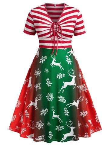 Plus Size Christmas Printed Striped Pin Up Dress - RED - L