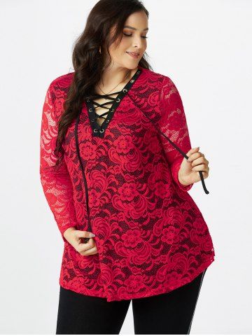 Plus Size Lace Sheer Lace-up Long Sleeve Tee