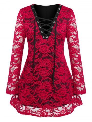 Plus Size Lace Sheer Lace-up Long Sleeve Tee