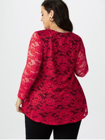 Plus Size Lace Sheer Lace-up Long Sleeve Tee