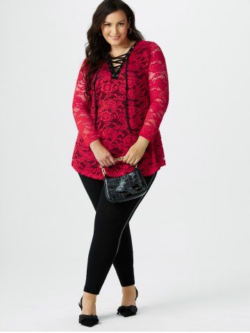 Plus Size Lace Sheer Lace-up Long Sleeve Tee
