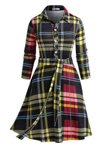 Plus Size Half Button Belted Plaid Shirt Dress