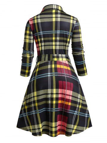 Plus Size Half Button Belted Plaid Shirt Dress