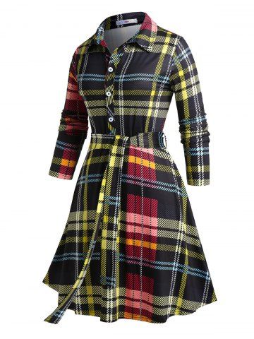 Plus Size Half Button Belted Plaid Shirt Dress