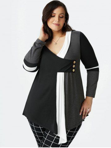 Plus Size Colorblock Plunging Long Sleeve Tunic Tee