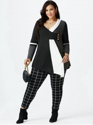 Plus Size Colorblock Plunging Long Sleeve Tunic Tee