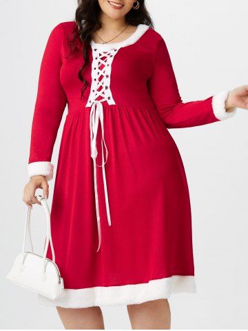 Plus Size Faux Fur Panel Lace Up Christmas Dress - RED - 1X