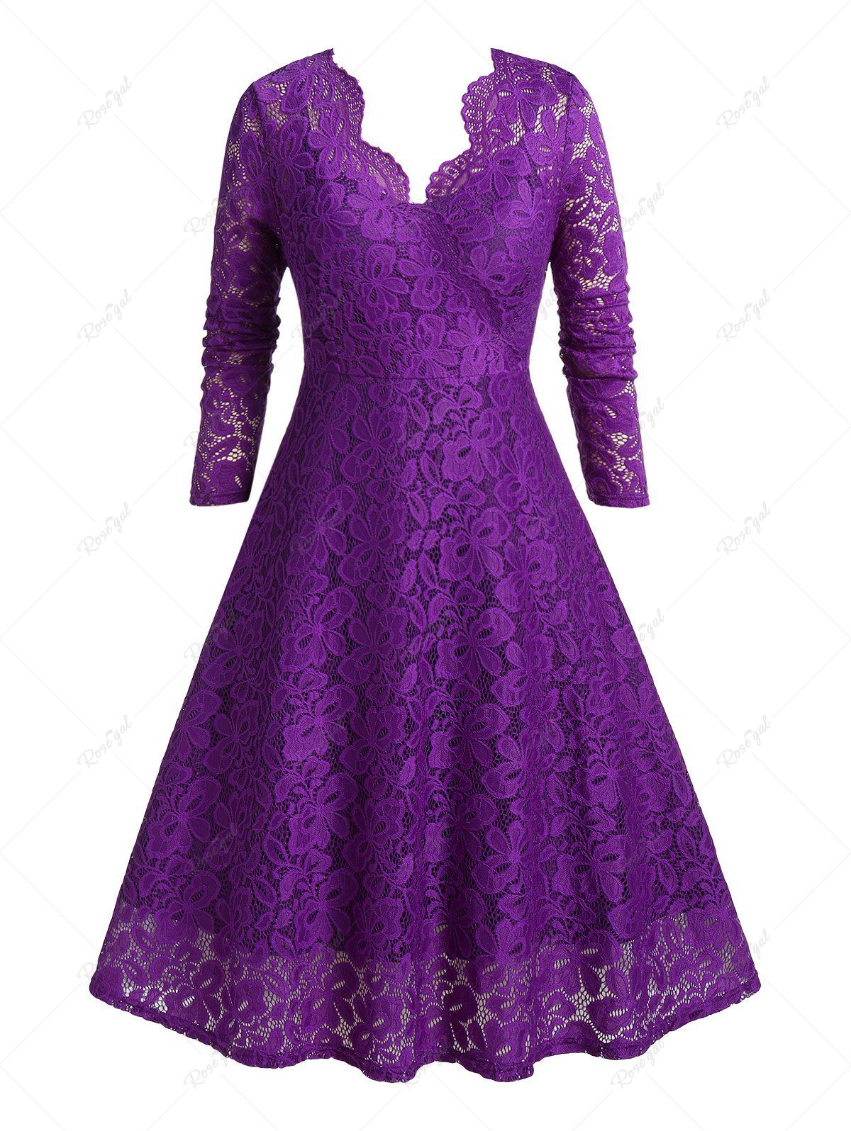 Trendy Plus Size Scalloped Midi Lace 1950s Dress  