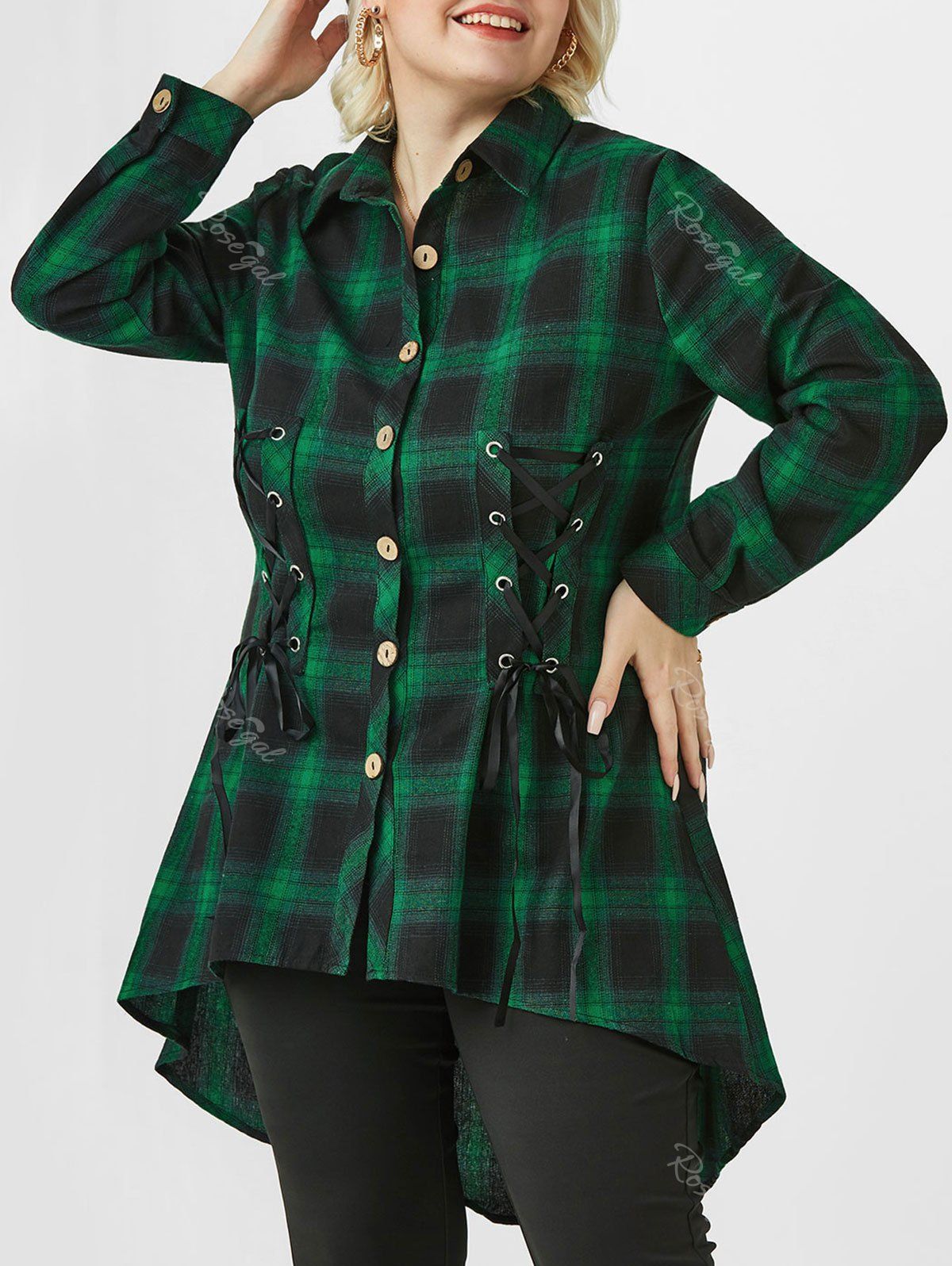 Affordable Plus Size Plaid Lace Up Roll Up Sleeve High Low Shirt  