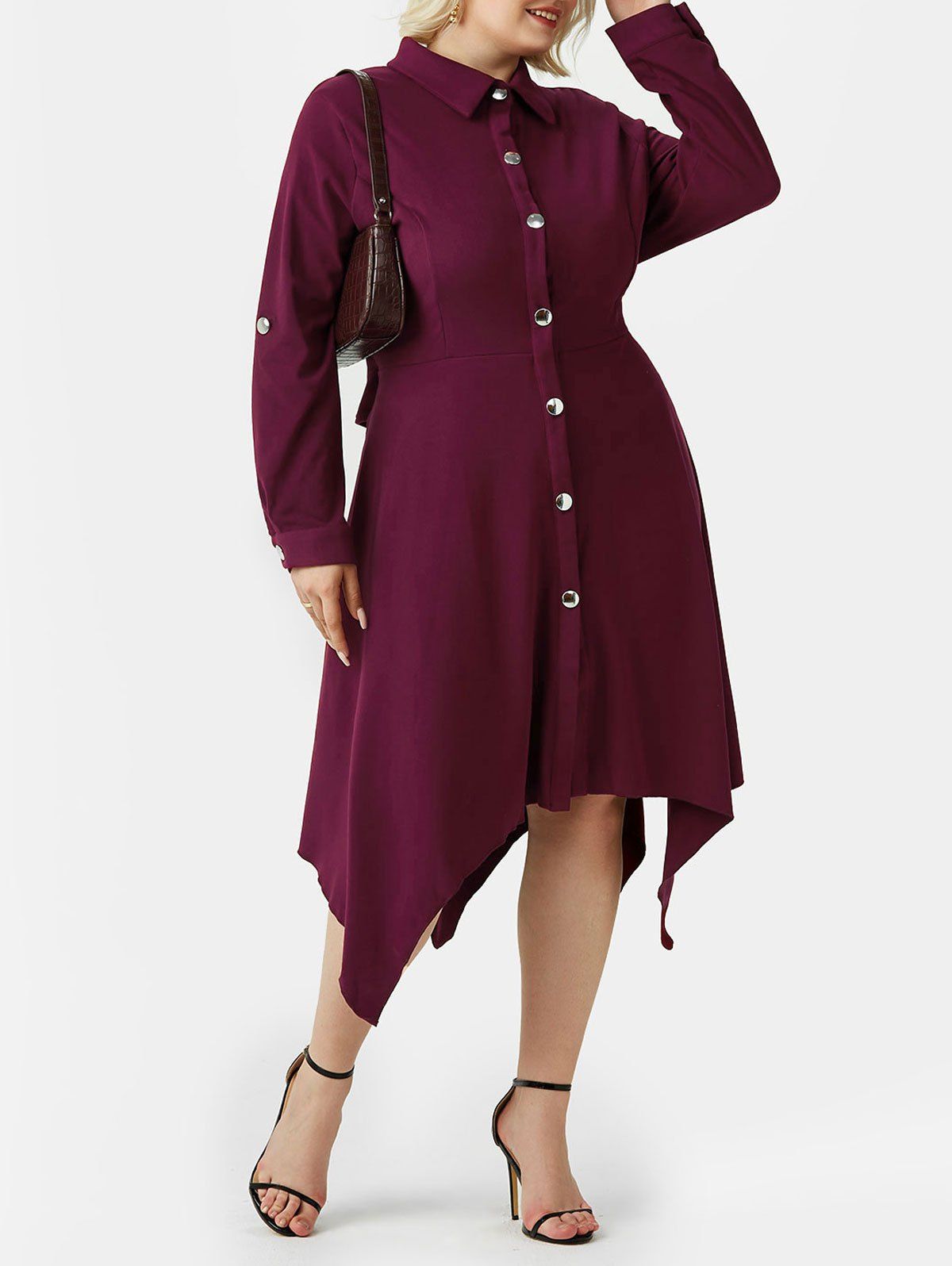 Store Plus Size Roll Up Sleeve Button Up Handkerchief Midi Dress  
