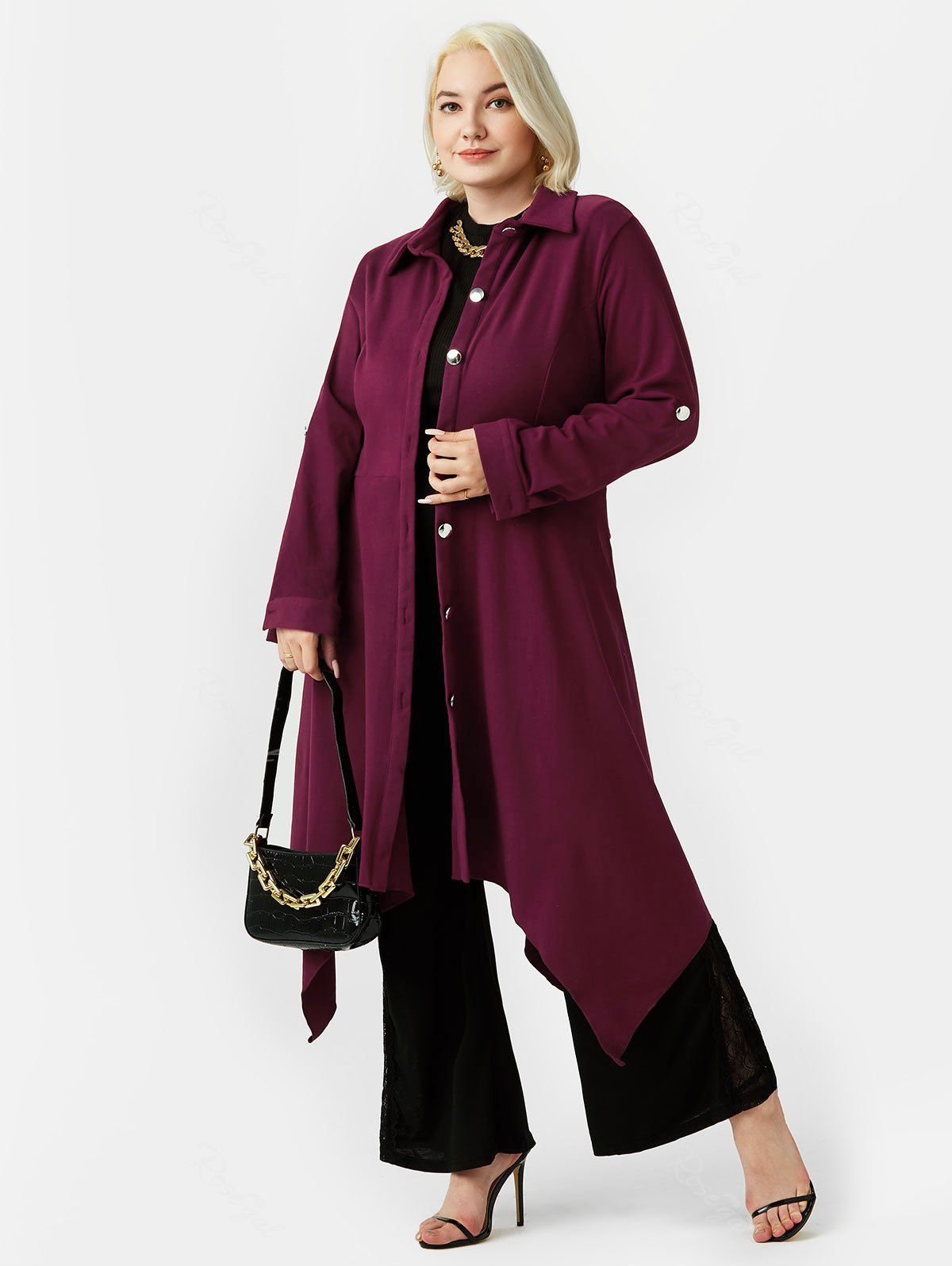 Discount Plus Size Roll Up Sleeve Button Up Handkerchief Midi Dress  