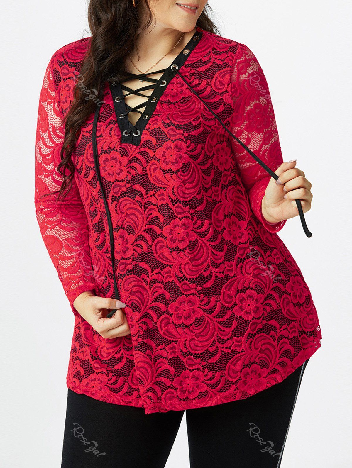 Hot Plus Size Lace Sheer Lace-up Long Sleeve Tee  