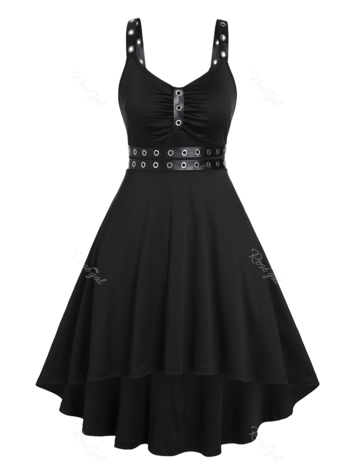 Outfit Plus Size Punk Eyelets Ruched High Low Gothic Midi Dress  