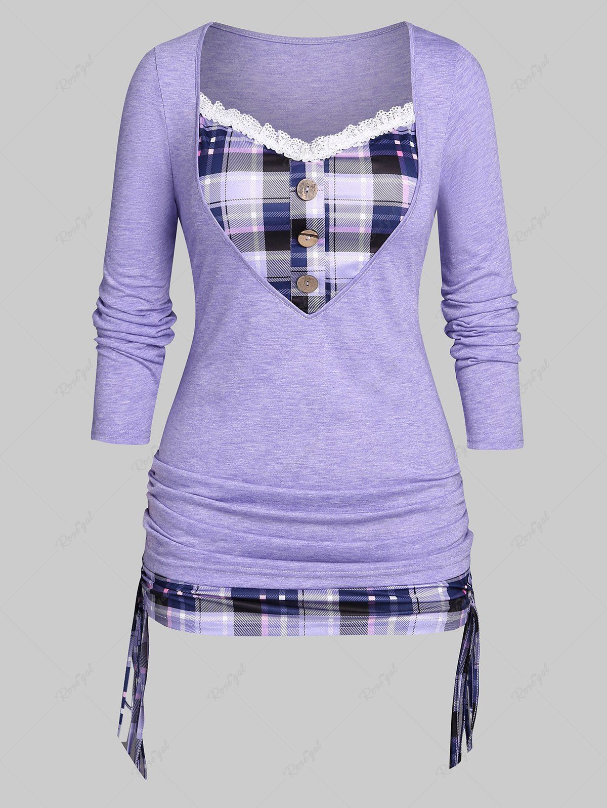 Affordable Plus Size Cinched Plaid 2 in 1 T-shirt  