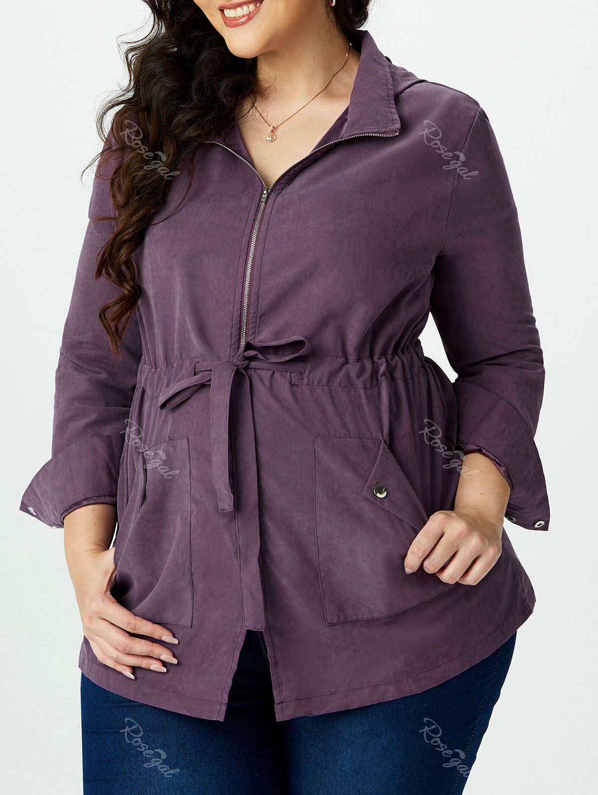 Outfits Plus Size Drawstring Hooded Pocket Tunic Trench Coat  