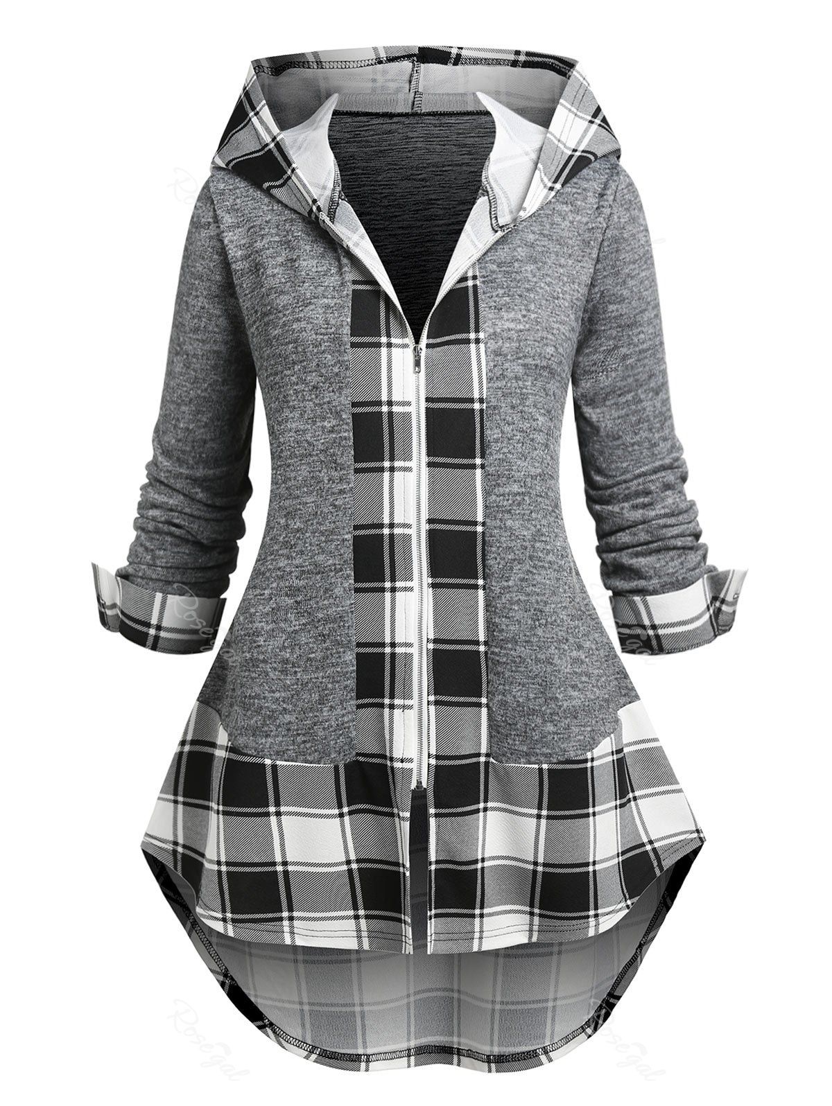Sale Plus Size Plaid Hooded High Low 2 in 1 Top  