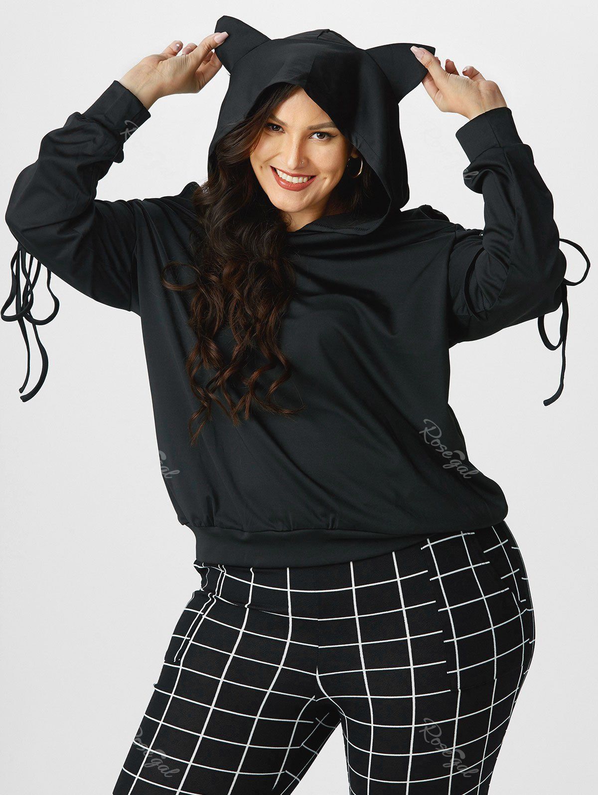 New Plus Size Cat Ear Lace Up Cold Shoulder Hoodie  