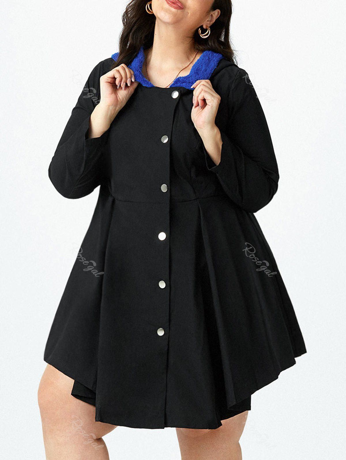 Manteau à Capuche Asymétrique Contrastée de Grande Taille Noir 4X