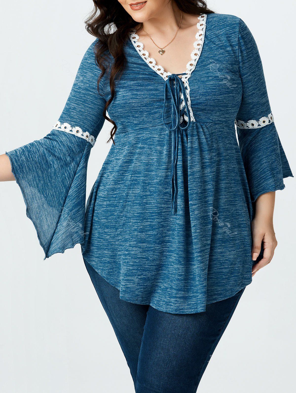 Cheap Plus Size Lace Up Bell Sleeve Tee  