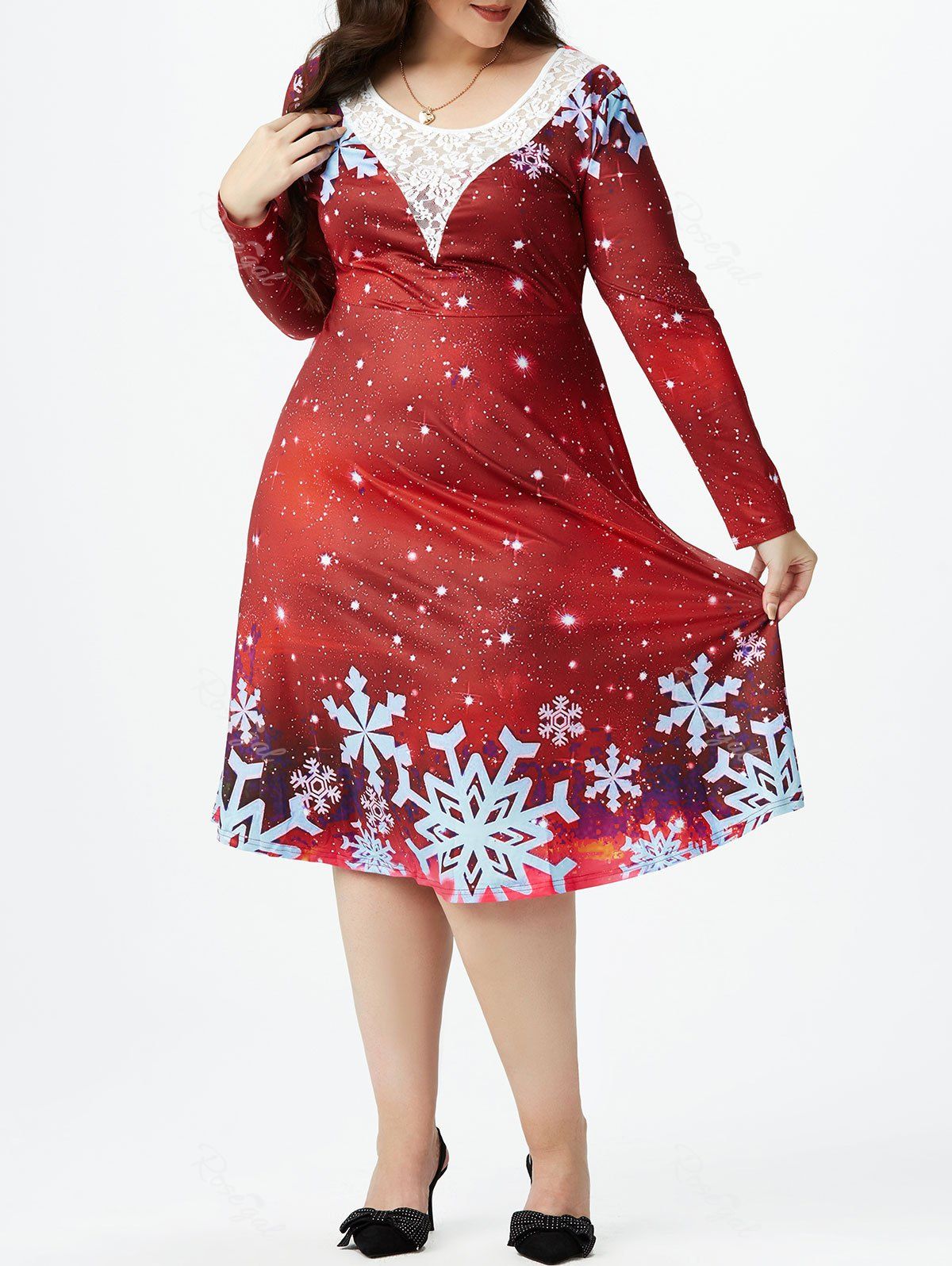 Fashion Plus Size Lace Panel Snowflake Print Christmas Dress  