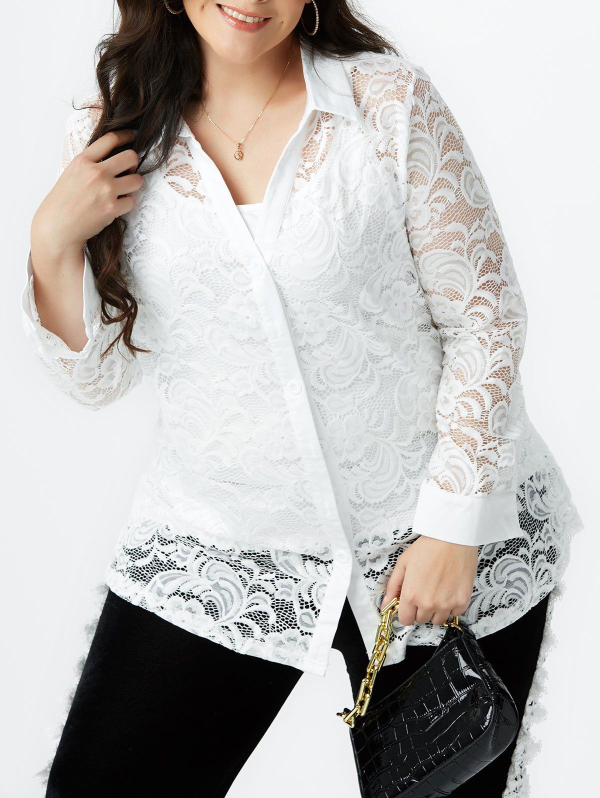 Online Plus Size Lace Flower Sheer Blouse with Cami Top Set  