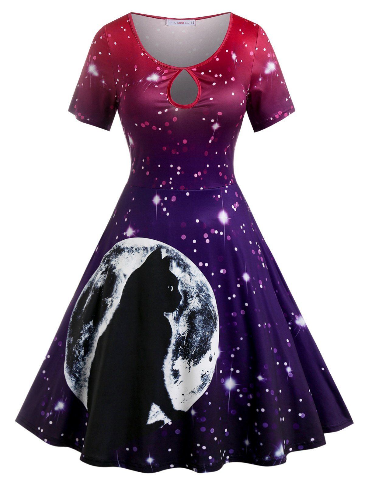 Store Plus Size Keyhole Starry Cat Print Flare 50s Dress  