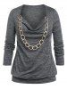 Plus Size Chains Cowl Neck Blouson T-shirt and Handkerchief Cardigan Set -  