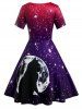 Plus Size Keyhole Starry Cat Print Flare 50s Dress -  