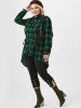 Plus Size Plaid Lace Up Roll Up Sleeve High Low Shirt -  