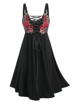 Plus Size Flower Embroidered Lace Up Backless Dress - BLACK - L