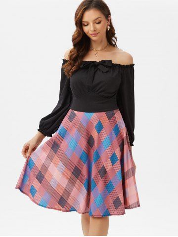 Off Shoulder Ruffle Bowknot Plaid Dress