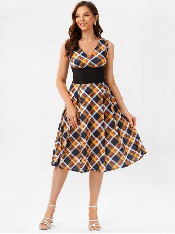 Wide Waistband Plaid Surplice Dress - YELLOW - S