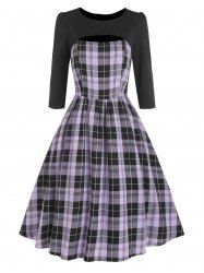 Robe Découpée à Carreaux à 3 / 4 Manches - Pourpre  L