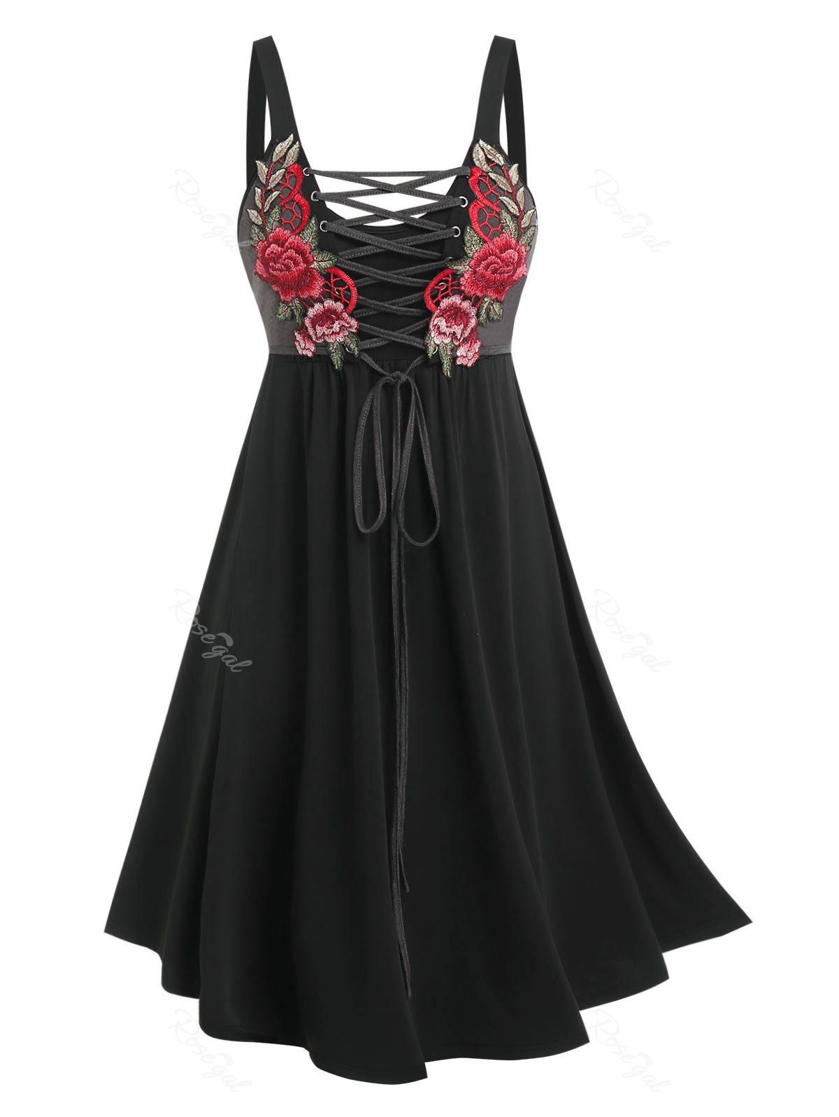 Outfit Plus Size Flower Embroidered Lace Up Backless Dress  