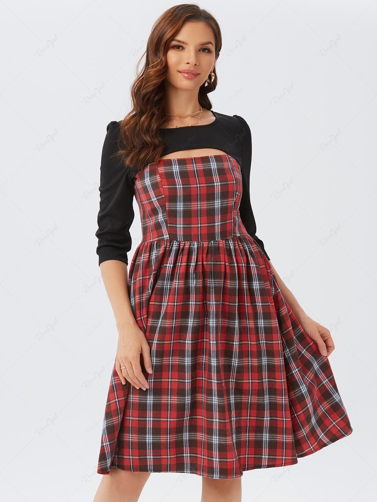 Outfits Cut Out Plaid Three Quarter Sleeve Dress  
