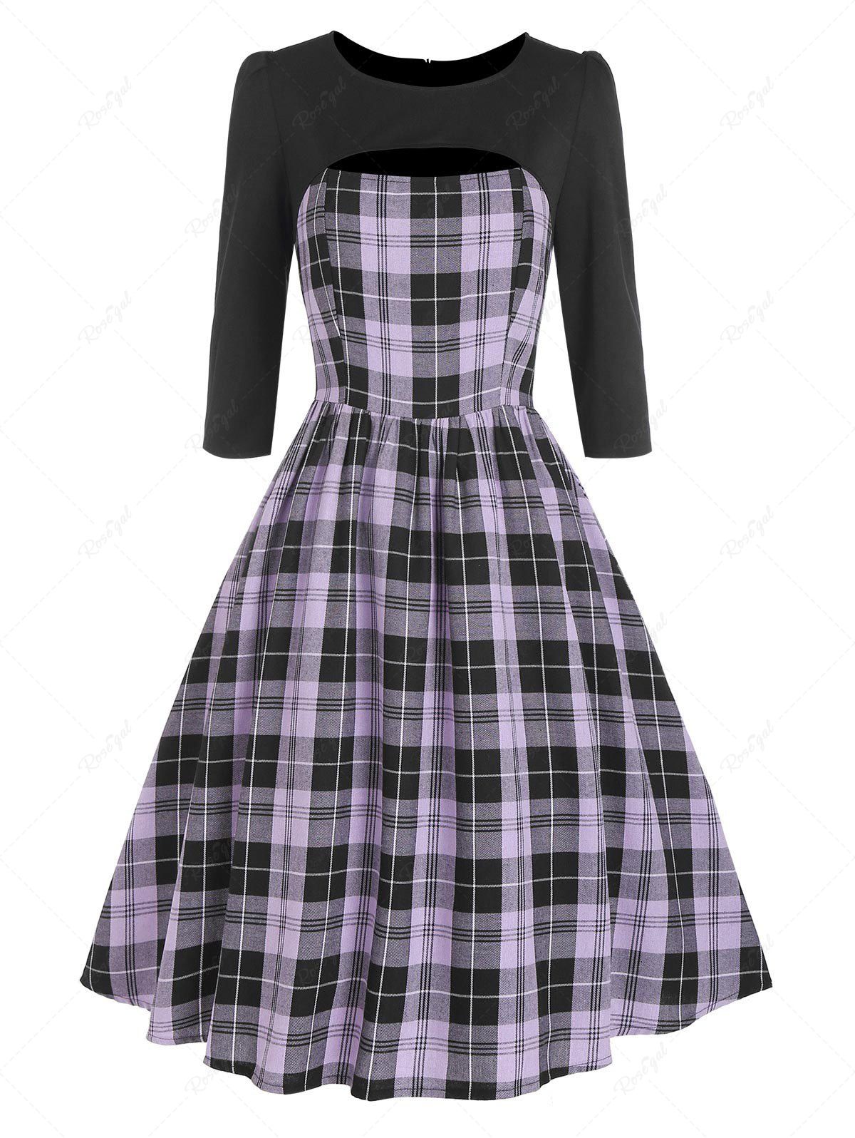 Robe Découpée à Carreaux à 3 / 4 Manches Pourpre  L
