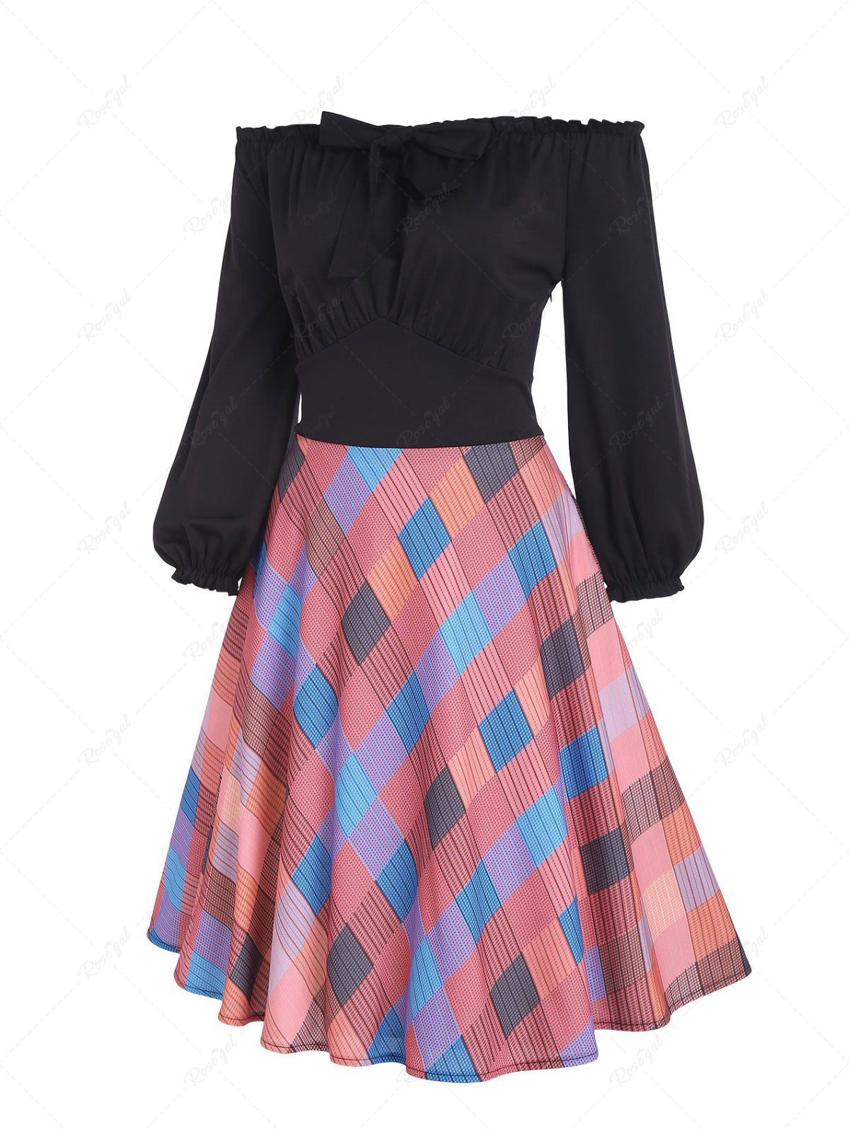 Online Off Shoulder Ruffle Bowknot Plaid Dress  